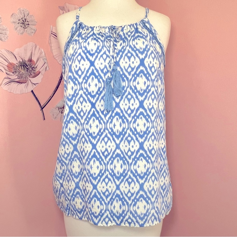 EUC XS Jade Melody Tam Tank Blue and White Ikat Sleeveless Top 123